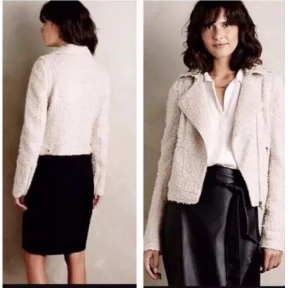 Anthropologie Jackets & Blazers - Anthropologie Elevenses Northland  Moto Jacket Womens XS Beige Boucle Knit